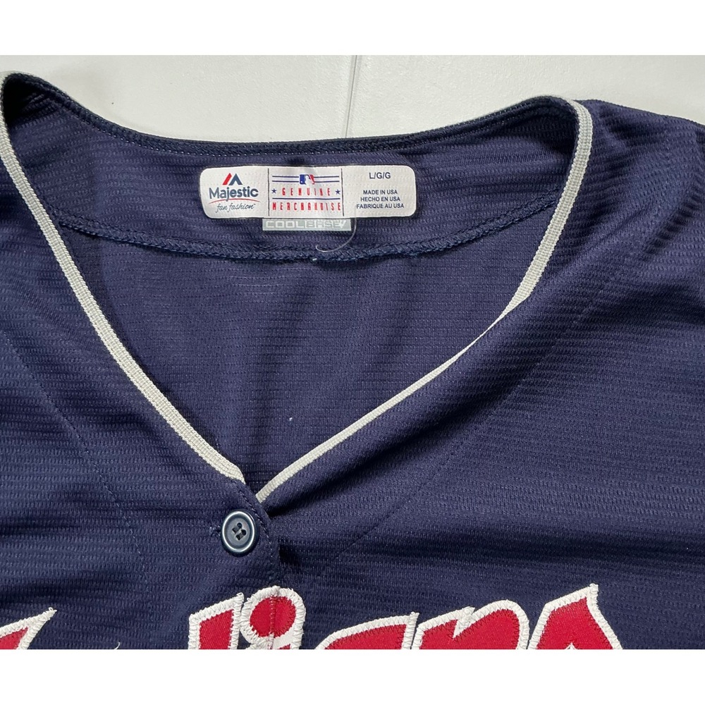 VTG Majestic Cleveland Indians Jersey Navy Blue Cool Base MLB Baseball Women L - Picture 3 of 5